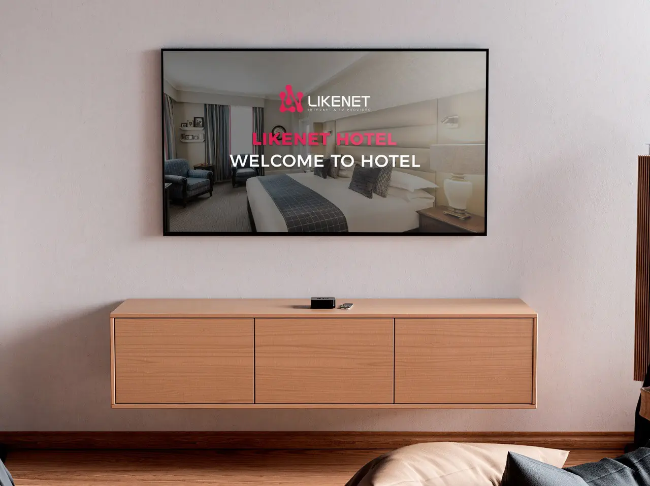 LIKENET HOTEL TV welcome screen in a hotel room